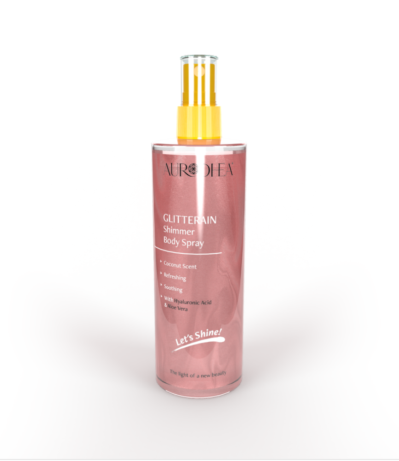 GLITTERAIN - PINK SHIMMER BODY SPRAY (PARFUM DE NOIX DE COCO) - 150 ML Enrichi en acide hyaluronique et en aloe vera